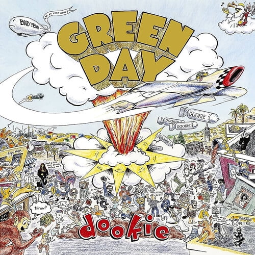 Dookie (30e Anniversaire) Vinyle LP par Green Day, avec un Pressage Bleu Bébé. la Pochette de l'Album Met en Valeur une illustration Vibrante de Style Dessin Animé avec le Nom du Groupe « Green Day » en Lettres Jaunes Audacieuses en Haut et « Dookie » en Lettres Minuscules Rouges en Bas. l'Oeuvre Représente une Scène Urbaine Chaotique avec Divers Personnages et un Avion Larguant une Bombe, Symbolisant les Thèmes punk-rock de l'Album. Sorti par Reprise / WEA