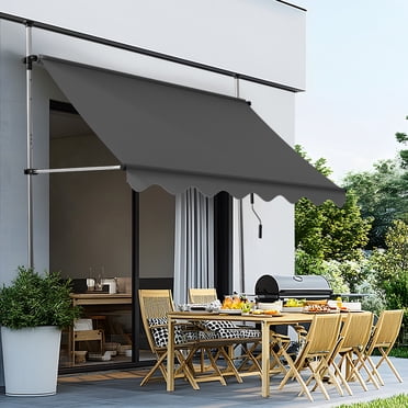 Luxvie Rétractable Auvent 10 Pieds, Auvent de Patio Imperméable, Auvent Pare-Soleil avec Manivelle Manuelle, Cadre en Aluminium, Tissu Polyester 180 G/m2, pour Terrasse, Véranda, Balcon, Gris Foncé
