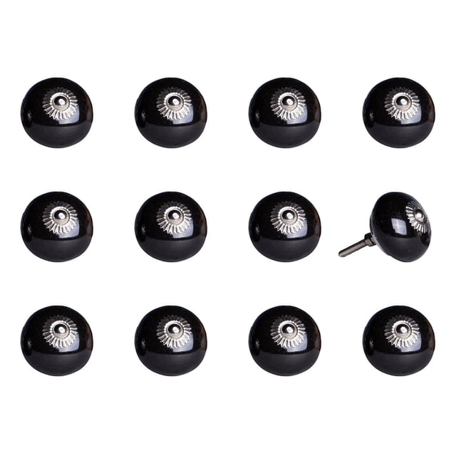 KNOB-IT vintage handpainted ceramic knobs 12-pack arranged in three rows with one knob showing side view with metal bolt, featuring glossy black finish and silver decorative center, suitable for cabinet and drawer hardware updates and often used as decorative accents for furniture refresh.