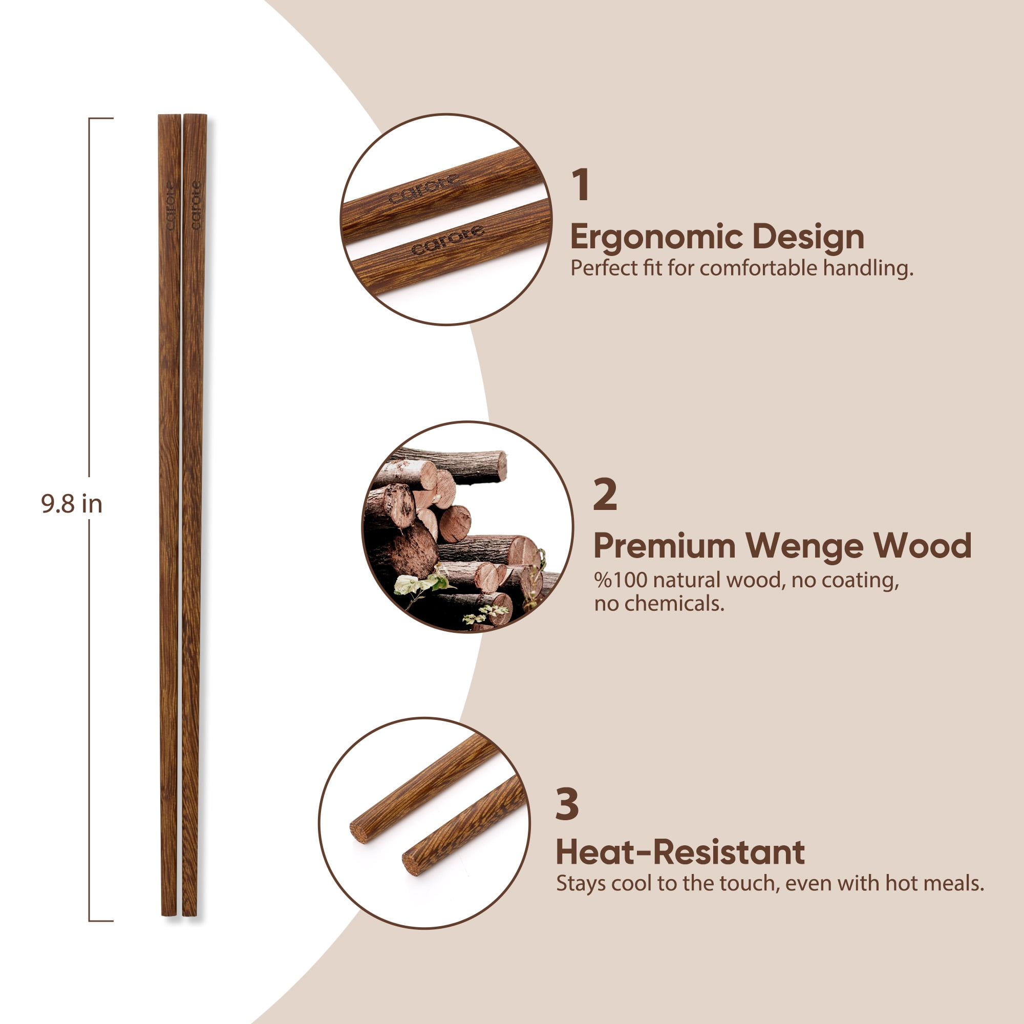 Carote 5 paires de baguettes en bois naturel – Lavables au lave-vaisselle, réutilisables, style chinois classique, 9,8 pouces – Idéales pour nouilles, cuisine et repas quotidiens