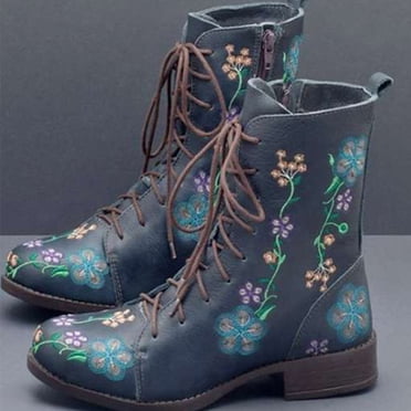 Rabais Aujourd'hui! Aqestyerly Bottes d'Hiver pour Femmes Bottes Imprimées et Brodées pour Femmes au-Dessus du Pied Bout Rond Bottines Épaisses