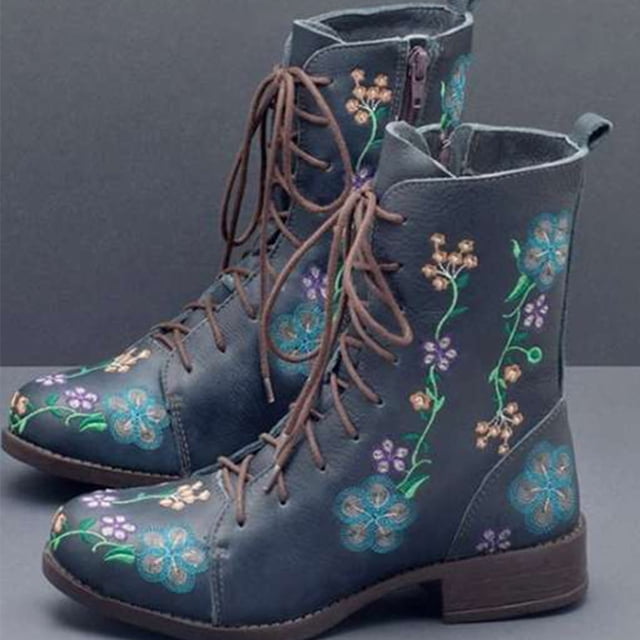 Cameland Women's Printed Embroidered Boots Over Feet Round Toe Chunky Ankle Boots