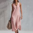 thumbnail image 1 of Uootdi Robes en Lin pour Femmes Col en V Sans Manches Détail Fendu Robes Coupe Décontractée Robes Maxi Tenue de Vacances Cadeau, 1 of 8