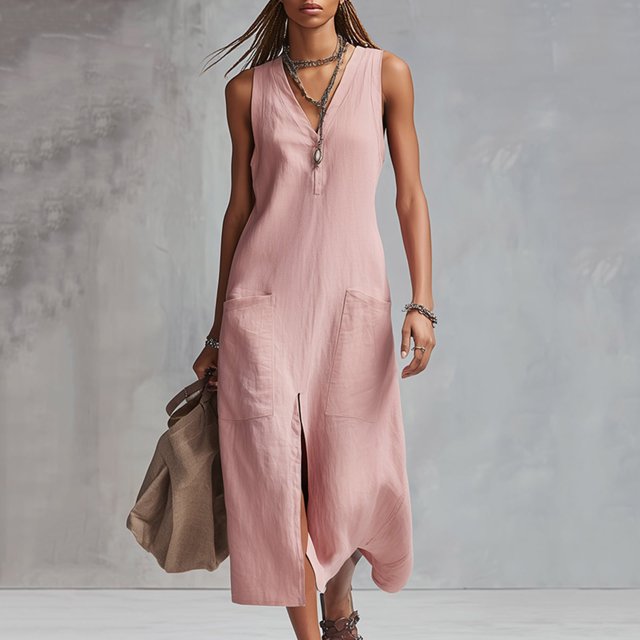 Uootdi Robes en Lin pour Femmes Col en V Sans Manches Détail Fendu Robes Coupe Décontractée Robes Maxi Tenue de Vacances Cadeau