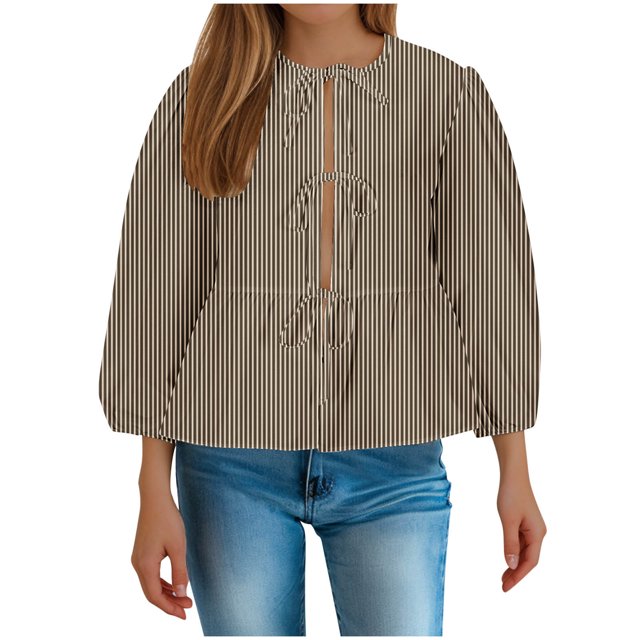 Birdeem Blouse pour Femmes Chemisier à Manches Longues Rayé Régulier Décontracté à Cordon avec Haut à Manches Bouffantes