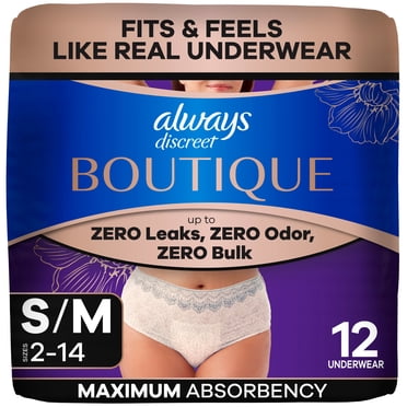 Couches Always Discreet Boutique réinventées pour femmes adultes, culotte d’incontinence à protection maximale, couleur rosée, P/M, 12 U