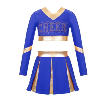Sinleey Cheerleading Uniform for Girls Halloween Fancy Dress Up Shiny Long Sleeve Crop Top with Pleated Skirt Set Royal Blue 12