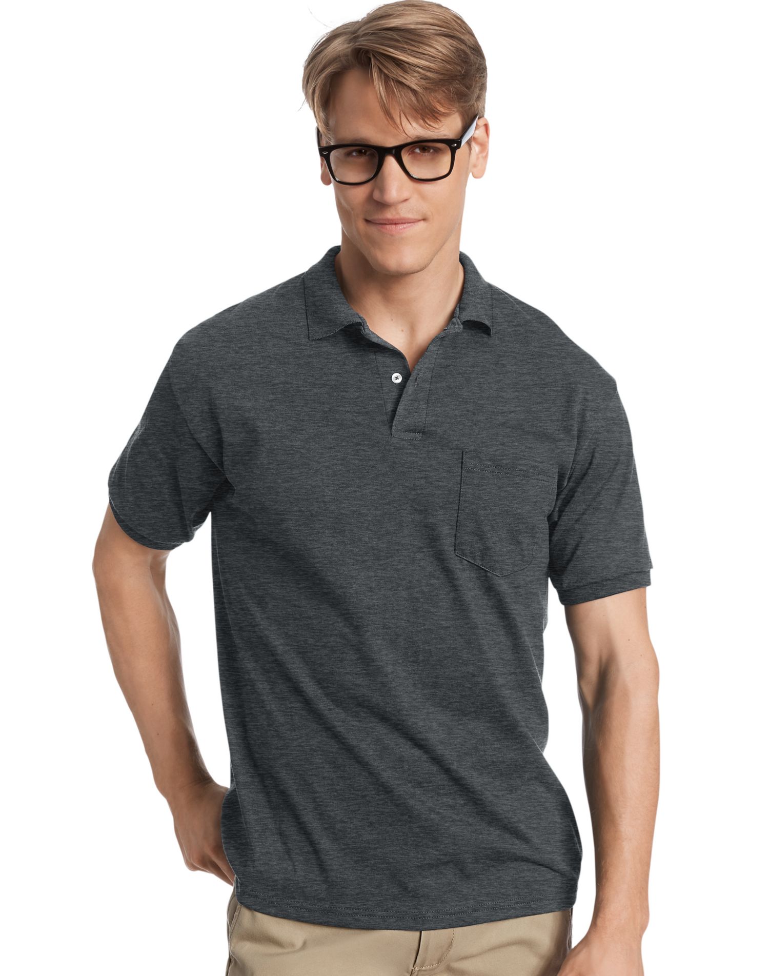 Hanes Mens CottonBlend EcoSmart Jersey Polo With Pocket 2-Pack, M