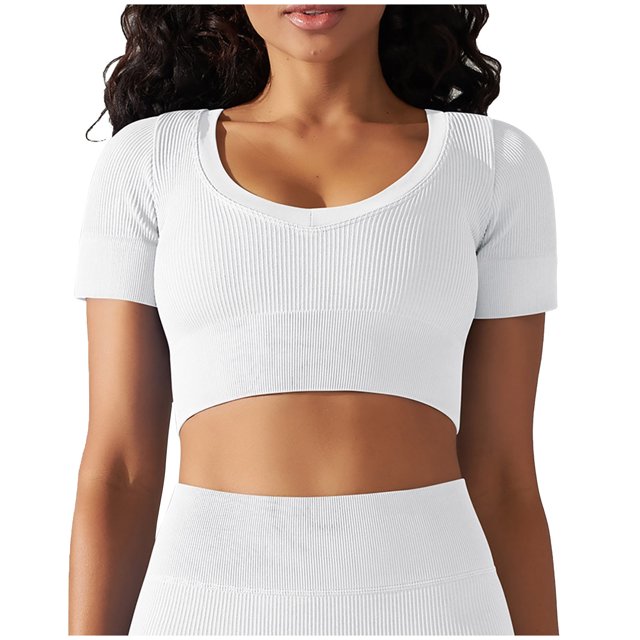 Besolor Womens Short Sleeve Cropped Workout Tops Round Neck Ribbed Knit Athletic Yoga Running Slim Fitted Gym Shirts