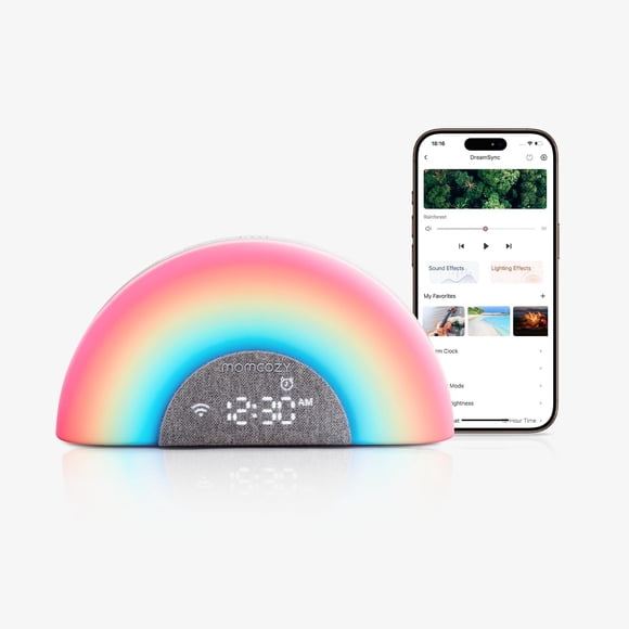 Momcozy DreamSync™ Baby Sound Machine, Night Light, APP Control Baby Sleep Trainer, Routine Builder, White Noise Machine with 34 Soothing Sounds, Wake Up Light Sunrise Alarm Clock, Wireless Speaker