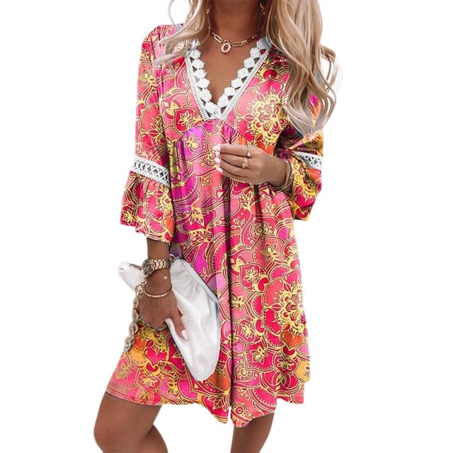 Robe Maxi Basique pour Femmes, Ample, en Dentelle Rem, Robe Décontractée à Manches Mi-Longues, Tenue de Vacances