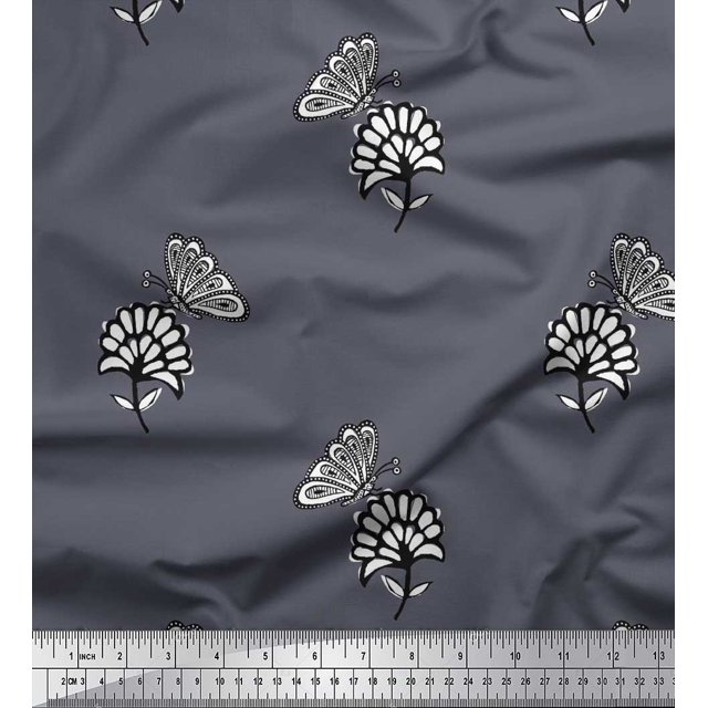 Soimoi Grey Polyester Crepe Fabric Floral & Insect Print Sewing Fabric BTY 42 Inch Wide