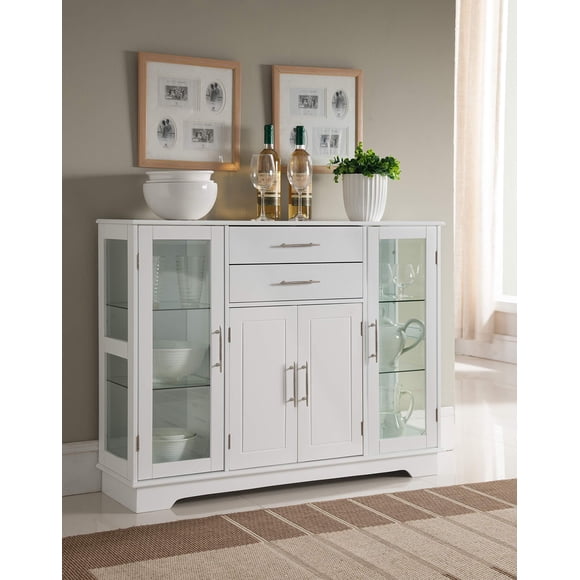 Kings Brand Furniture Kitchen Storage Cabinet Buffet with Glass Doors, White,