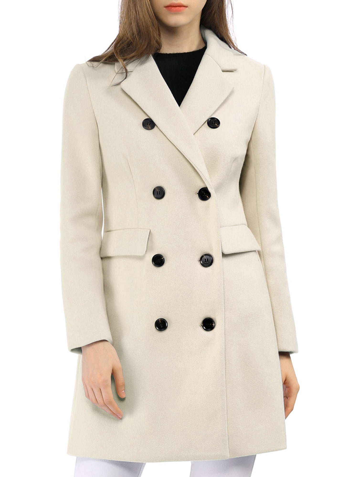 INSPIRE CHIC Manteau Mi-Long à Double Boutonnage pour Femme à Col à Revers Cranté