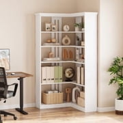Industrial Corner Bookshelf, 72.8"H Farmhouse Bookcase, Large Bookshelf Wood Bookcase, 5-Tier Tall Corner Shelf, L Shaped Bookshelf Storage Display Rack for Living Room Bedroom (Half/Full Back)