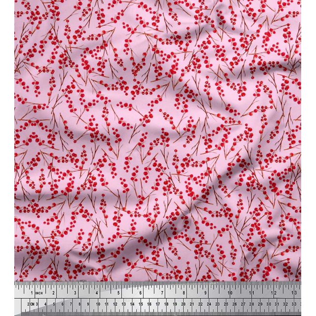 Soimoi Tissu Satin Soie Baies Rouges Fruits Imprimé Tissu d'Artisanat au Yard 42 Pouces de Large