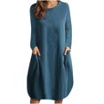 thumbnail image 2 of Robe à Manches Longues pour Femmes Mode Décontractée Col Rond Manches Longues Coton Lin Robe Mi-Mollet Poche Robes Unies Robes d'Été pour Femmes en Liquidation, 2 of 8