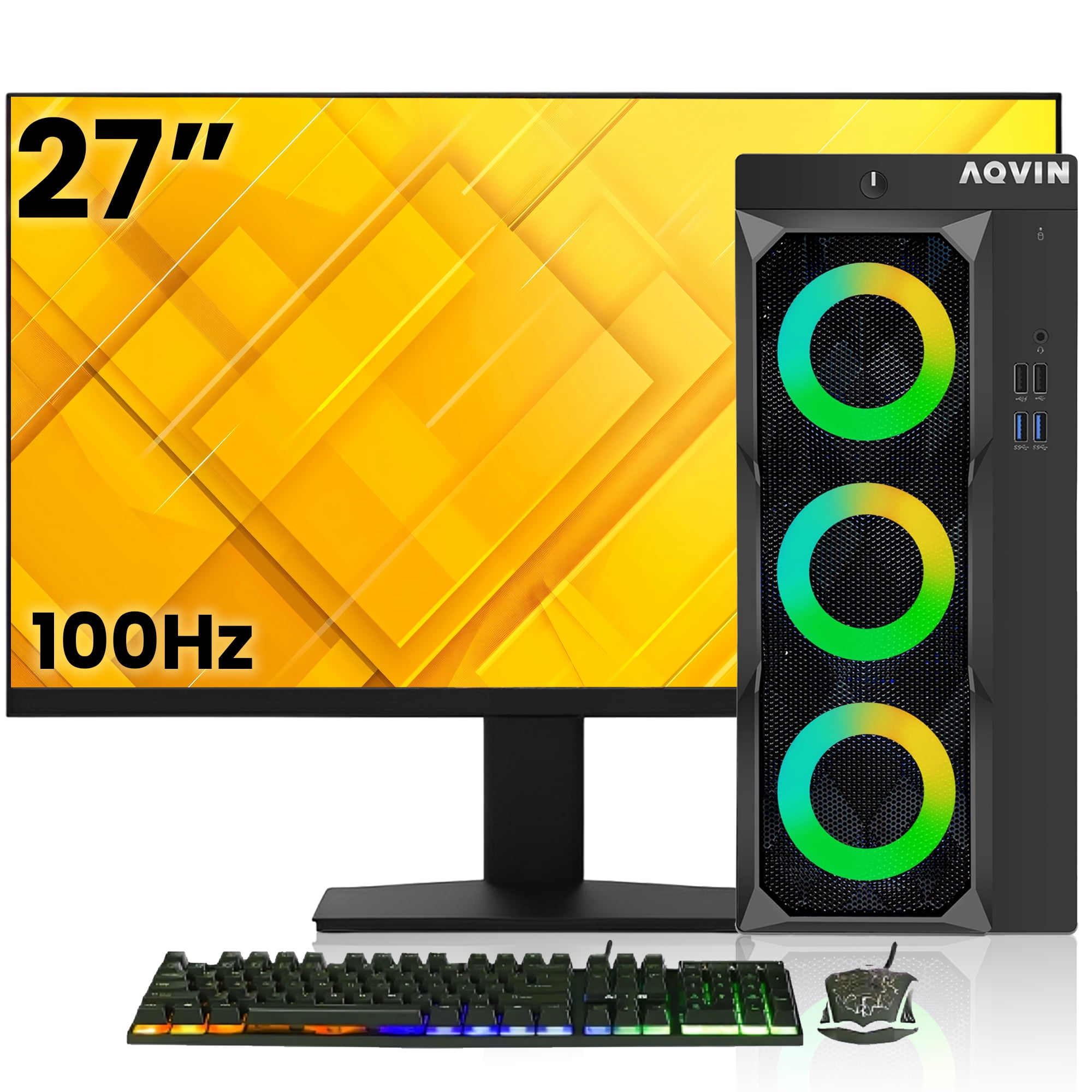 Prebuilt RGB Gaming PC Combo AQVIN | New 27-inch FHD Monitor | Intel i7 | 16GB RAM | 512GB SSD | AMD Radeon RX 550 4GB | Windows 11 Pro (Refurbished)