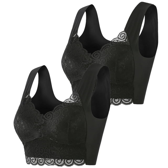 Timegard 2pc Plus Size Bras for Women No Underwire Flower Lace Back Smoothing Full-Support Everyday Bra