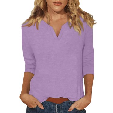DENGDENG Hauts à Manches Trois Quarts pour Femmes Grande Taille Manches au Coude T-Shirts à Col en V Travail Été Blouses Décontractées Printemps Chemises à Manches Trois Quarts Petite Mignon Chandail à Enfiler Haut Violet Pâle S
