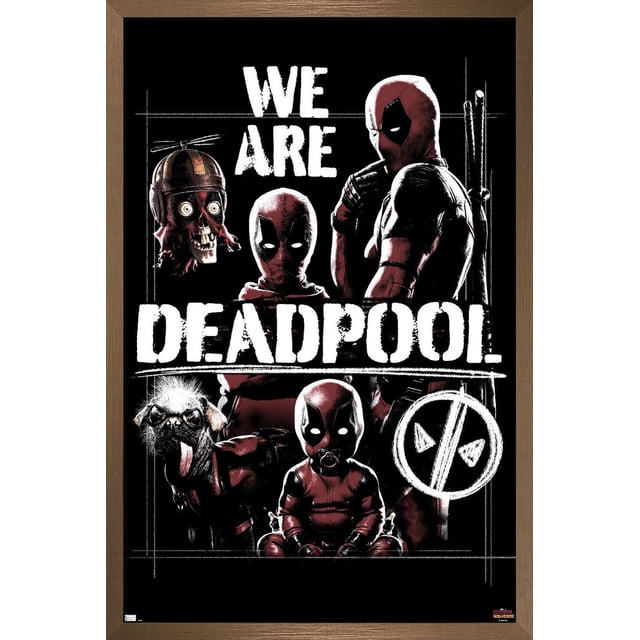 Marvel Deadpool & Wolverine - We Are Deadpool Wall Poster with Magnetic Frame, 22.375" x 34" featuring high-resolution glossy artwork of Deadpool in multiple forms including a standing figure with swords, a baby Deadpool with a pacifier, a dog wearing glasses, and a floating Deadpool head with a propeller helmet, set against a black background with bold white text 'WE ARE DEADPOOL' for striking wall decor.