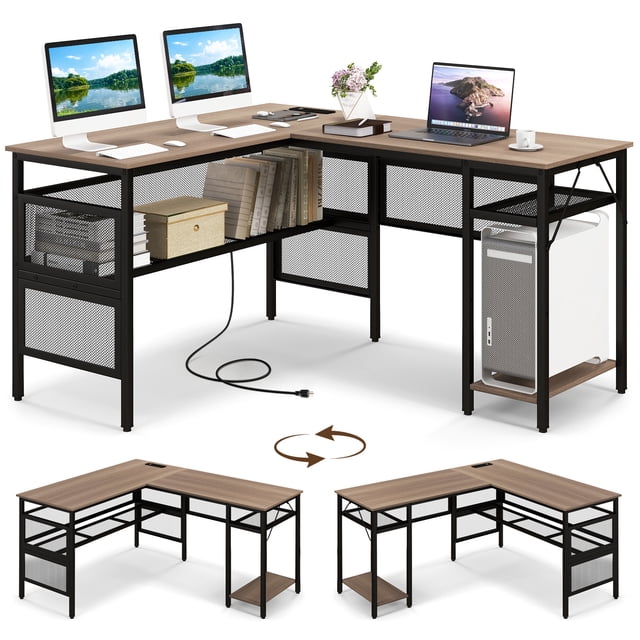Patiojoy L Shaped Desk with Charging Station, a 55-inch reversible corner computer desk in grey wash with mesh storage shelves and a CPU stand. The desk features a wide L-shaped tabletop, adjustable mesh shelves, and a built-in charging station with 3 power sockets and 2 USB ports. Made of engineered wood and metal, it supports up to 330 lbs on the tabletop and includes adjustable pads for stability on uneven floors. Suitable for home offices, gaming setups, or study rooms.