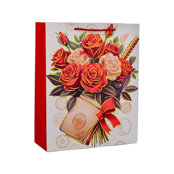 SLYNSHome Valentines Day Gift Bag,Rose Heart Pattern Paper Birthday Gift Bag with Handle for Him Her Valentines Day Big Paper Gift Bag