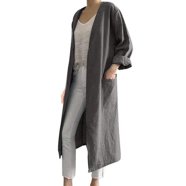 Kcodviy Women's Solid Color with Long Open Cardigans for Women Pockets Mid Length Cardigan Open Back Sweater Casual Jacket