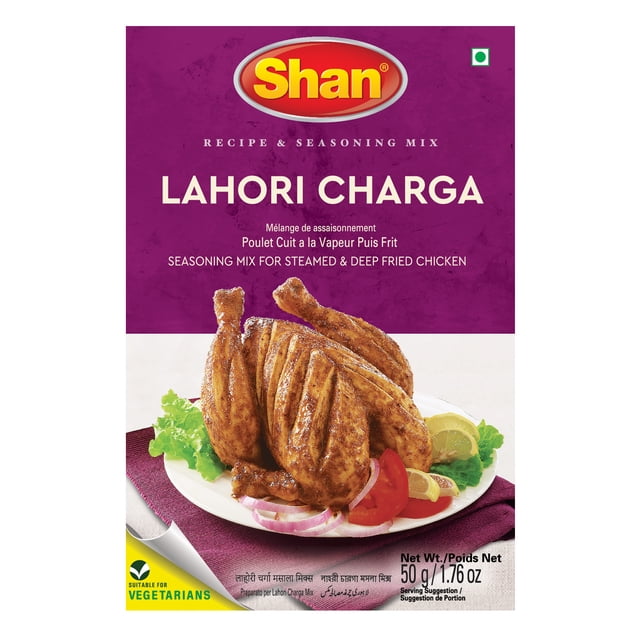 Shan Lahori Chargha Recipe & Seasoning Mix 1.76oz (50g) package with purple and white design, featuring the Shan logo and text for seasoning mix for steamed and deep fried chicken. The front shows a whole cooked, spiced chicken on a white plate garnished with lettuce, tomato, lemon slices, and onion rings on a purple cloth.