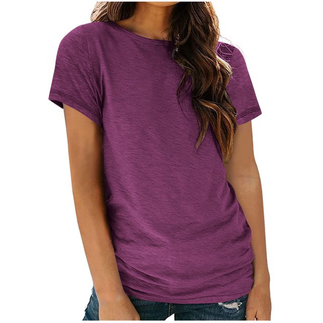 AherBiu Womens Tops Basic Solid Color Casual Crewneck Short Sleeve Loose Fitting Comfy Tops Tees Shirts