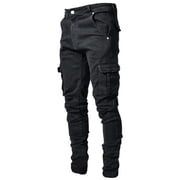 Ketyyh-chn99 Mens Pants Jeans 2024 Casual Pants Shorts Mens Straight Hole Buckle Zipper Middle Waist Denim Long Pants Black,XL