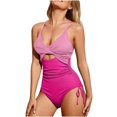 thumbnail image 1 of Penkiiy Womens One Piece Ribbed Swimsuits Tummy Control V Neck High Waisted Bathing Suit Summer Beach Plus Size Ruffle Wrap Swimwear L Pink, 1 of 4
