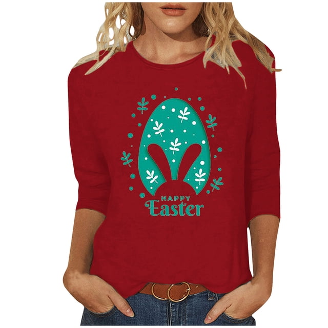 RKSTN Hauts de Pâques pour Femmes Tendance Pâques Printemps Été Col Rond Manches 3/4 Blouse Douce Hauts Oeufs de Pâques Mignon Lapin Imprimé Coupe Ample Hauts