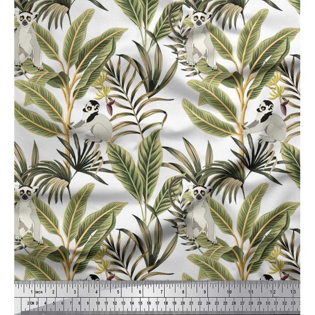 Soimoi Viscose Chiffon Fabric Leaves & Lemur Animal Decor Fabric Printed Yard 42 Inch Wide