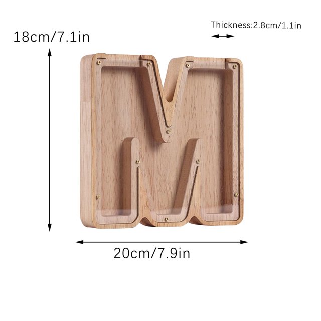 Agiferg Personalized Wooden Name Money Box in the shape of the letter 'M', crafted from natural wood with a transparent acrylic front. The box measures 20cm (7.9 inches) wide, 18cm (7.1 inches) tall, and 2.8cm (1.1 inches) thick. Designed for saving coins, it features a removable acrylic cover secured with screws for easy access. Suitable as a decorative piece or a gift for children to encourage saving habits.