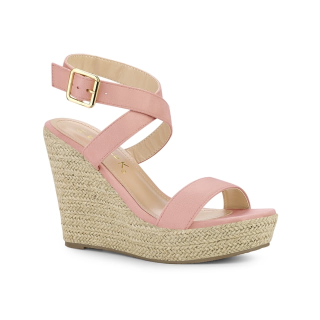BLISSFUL STEP Chaussures pour Femmes Sandales Espadrilles à Talon Compensé Slingback à Brides Croisées Rose 7