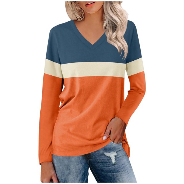 Pisexur Sweats à Capuche Femme Mode Color Block Patchwork V Col Sweat-Shirts Décontractés à Manches Longues pour Femmes Sweat-Shirt Oversize Léger et Fluide pour Femmes Pulls