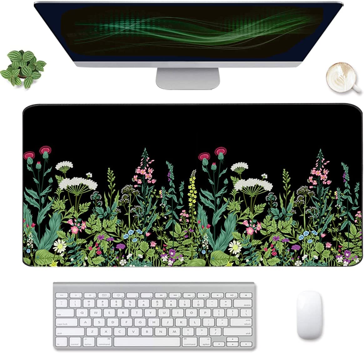 Extended Gaming Mouse Pad(35.4x15.7 in), Large Desk Pad Laptop Computer Keyboard Mat Waterproof Desk Decor Writing Pad for Work, Game, Office, Home - Black Flower