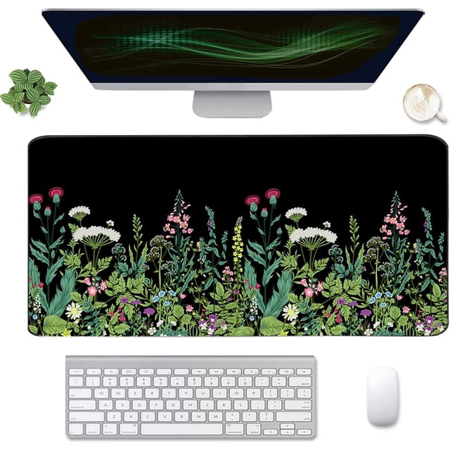 Extended Gaming Mouse Pad(35.4x15.7 in), Large Desk Pad Laptop Computer Keyboard Mat Waterproof Desk Decor Writing Pad for Work, Game, Office, Home - Black Flower