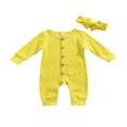 thumbnail image 1 of 2Pcs Baby Girls Outfit Solid Color Single-breasted Long Sleeve Romper with Pocket Headband Fall Outfits Set, 1 of 6