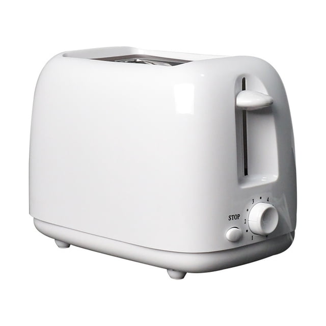 Elegant Stainless Steel 2-Slice Toaster in white with a cool-touch exterior and non-slip feet for safety. Features adjustable 6-level browning control, a removable crumb tray for easy cleaning, and a compact, portable design suitable for small spaces like apartments or RVs.
