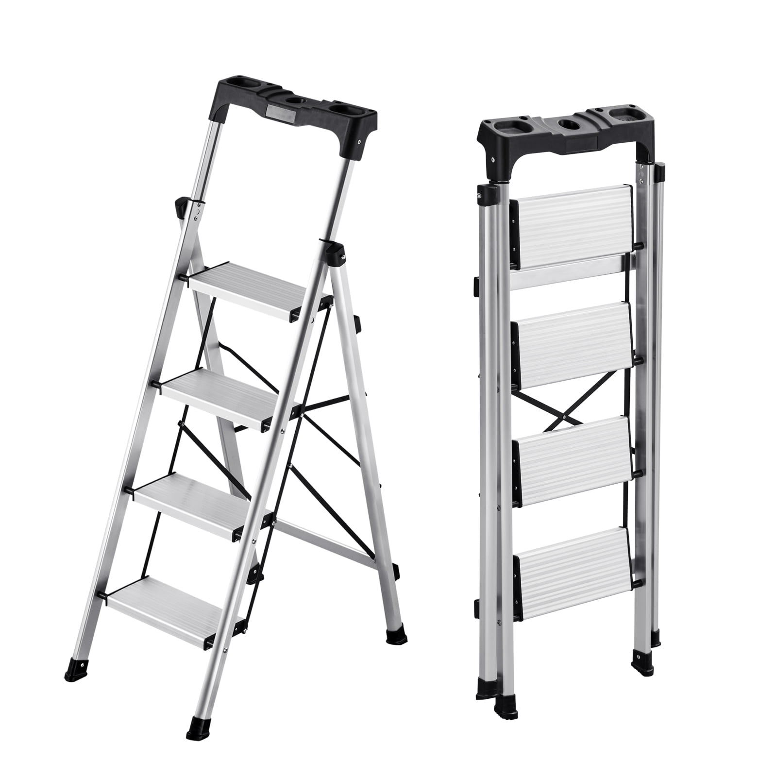 KFFKFF 4 Step Ladder, Folding Step Stool with Wide Anti-Slip Pedal and Comfort Handgrip, 330 lbs Capacity Portable Aluminum Stepladder, Multi-Use for Kitchen, Silver