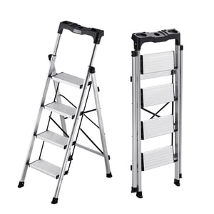 KFFKFF 4 Tabouret pas pliant avec large pédale antidérapante et poignée de confort, 330 lbs Capacité Portable en Aluminium Stepladder, Multi-Use pour la cuisine, Argent