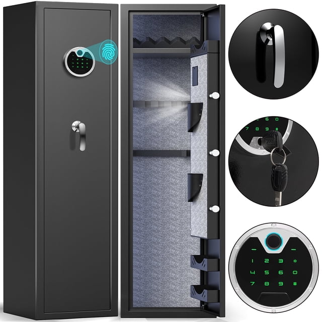 Kavey Biometric Fingerprint Gun Safe designed for 4-5 long guns and pistols, featuring a sleek black metal exterior with a biometric fingerprint scanner for quick access. The interior includes a soft foam barrel holder, carpeted floor, adjustable gun rack, pistol bags, and ammo storage shelves. The safe offers four access methods: fingerprint, code, emergency key, and emergency battery box. Includes spare keys, expansion screws, and an instruction manual.