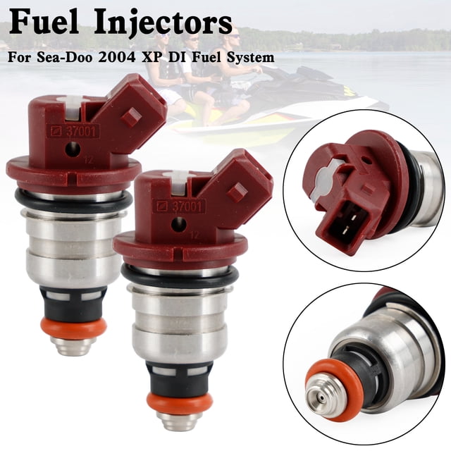 2PCS 275500460 Fuel Injectors fit for Sea-Doo GTX, RX, LRV, XP, and 3D models from 2000 to 2007. Designed for fuel delivery systems, these aftermarket replacement injectors feature a red connector housing, stainless steel body, and orange sealing rings. Includes close-up views of the connector and nozzle design, with a background showing jet skis on water.