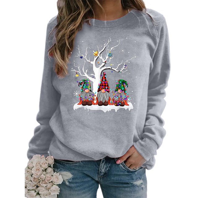 Bellella Pull pour Femmes Col Rond Sweat-Shirts de Noël Imprimé Gnome Sweat-Shirt Chaud à Manches Longues Gris L