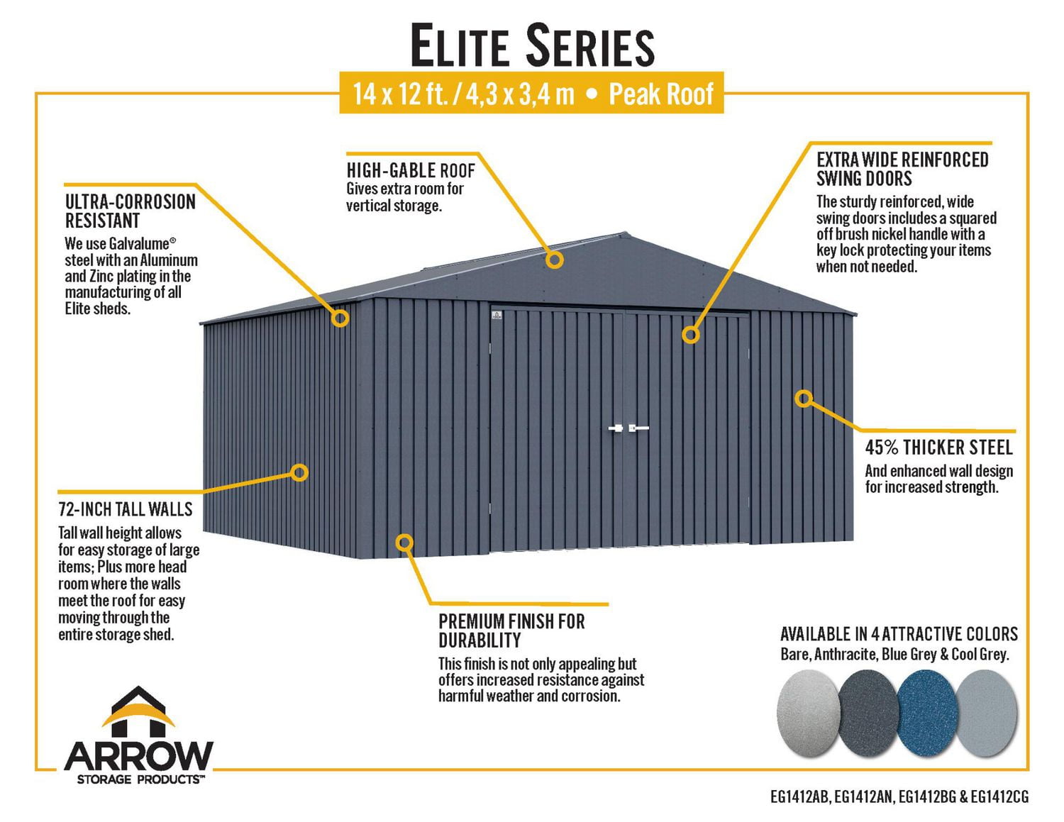 Abri de rangement en acier Arrow Elite, 14 x 12 pi, Gris Froid