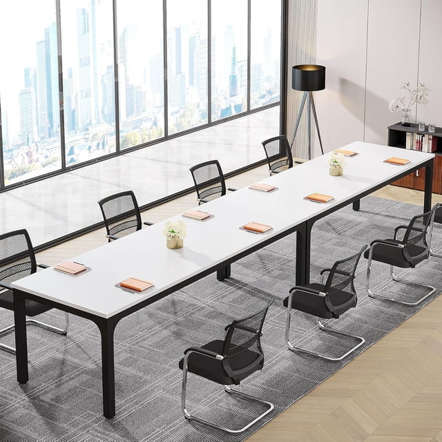 Tribesigns 78.74-Inch White and Black Conference Table, Large Office Meeting Seminar Desk with Metal Legs and Adjustable Foot Pads, Seats 6–8, Only Table Included