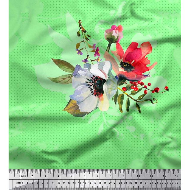 Soimoi Rayon Fabric Dot,Leaves & Anemone Flower Printed Fabric 1 Yard 42 Inch Wide