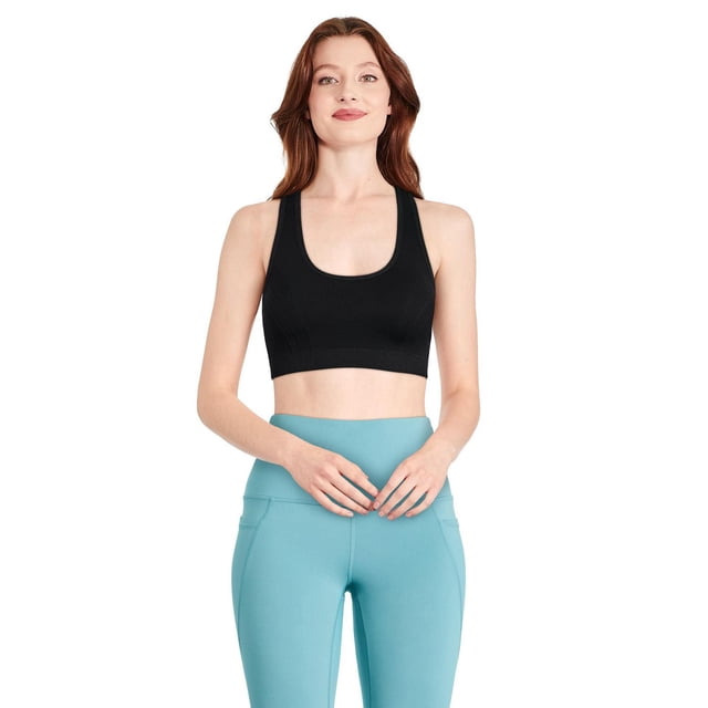 Athletic Works Women's Racerback Bra in black seamless jacquard knit with round neckline, thick straps, and elasticized band, designed for comfort and support with DRI-MORE wicking technology and racerback for easy movement, suitable for active workouts and casual wear.